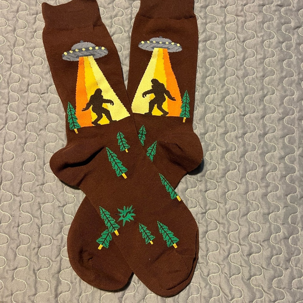 Brown Bigfoot & UFO Novelty Socks - Men